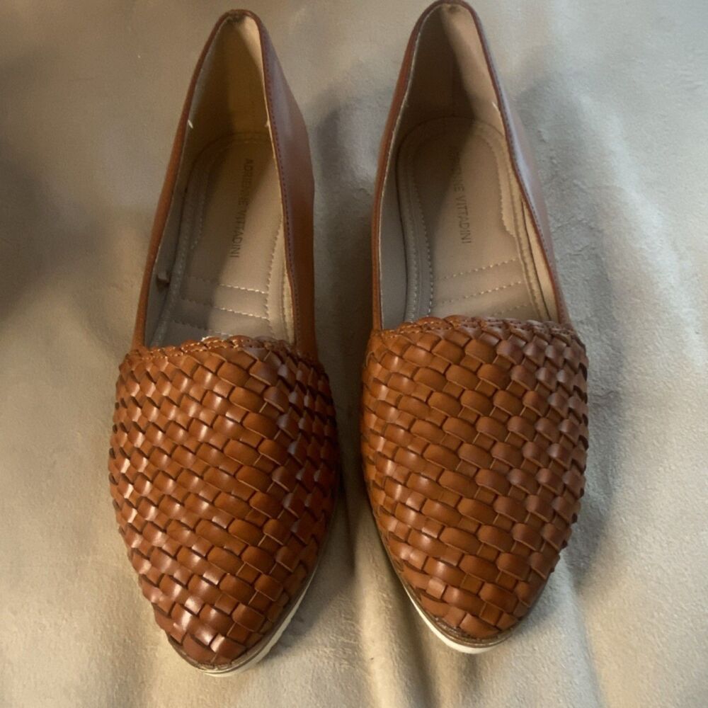 Adrienne Vittadini Brown Woven Flats Slip-On Almond Toe Man Made Size 8.5